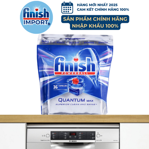 Túi 36 viên rửa chén Finish Quantum Max (14x tính năng trong 1 viên công thức mới  – Hương Nguyên Bản) – (Dành cho máy rửa chén 10-12-13 bộ).